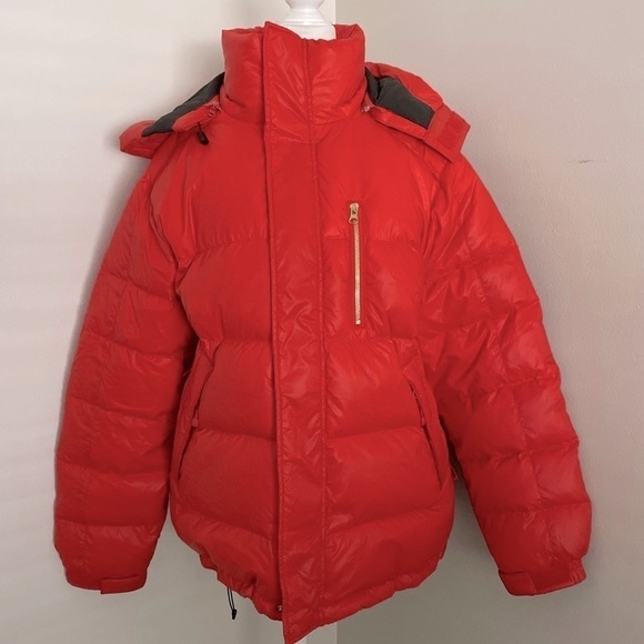 Y2k Stüssy tomato red puffer down hooded coat - Picture 1 of 11
